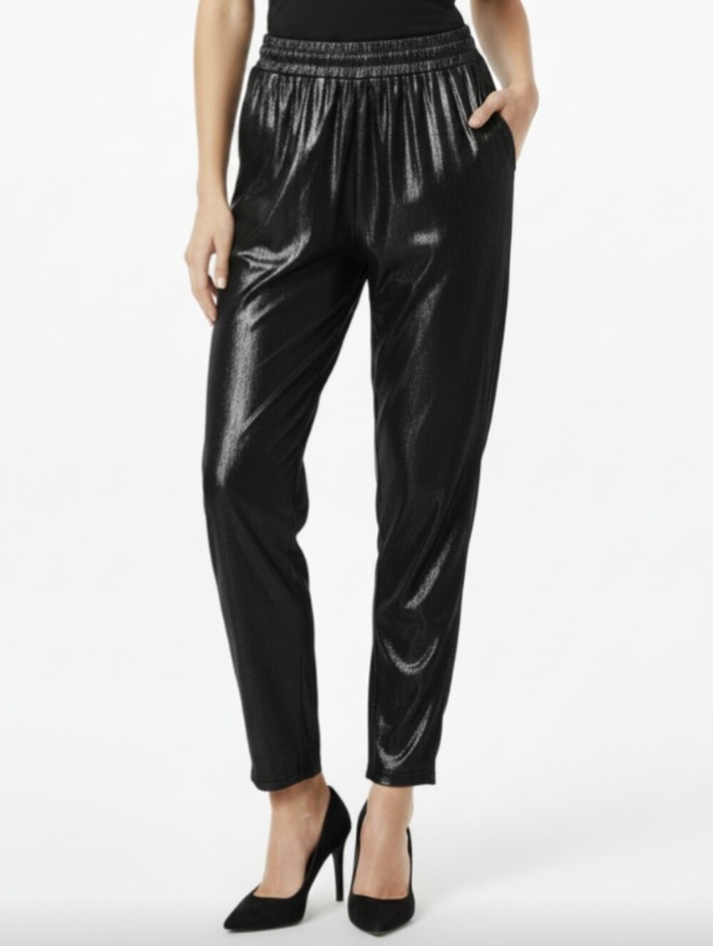 NWOT! LUCCA COUTURE! MIDNIGHT SILVER/BLACK DRAPEY ULTRA STRETCH PANTS! SZ M